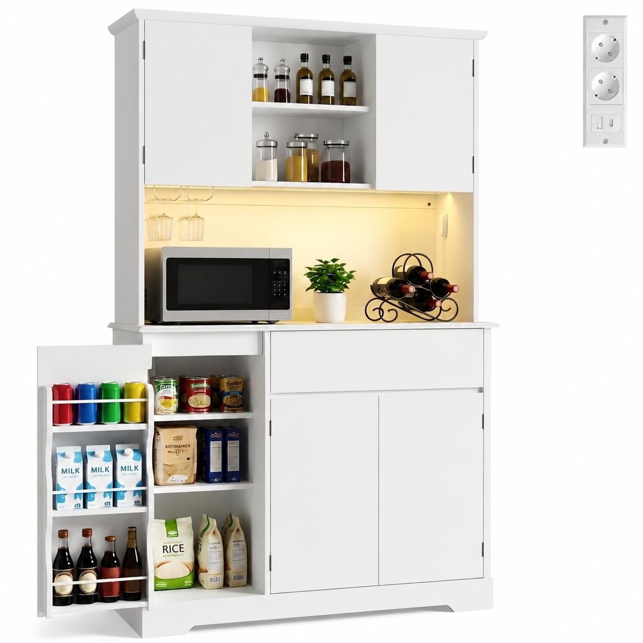 Xbro Alacena de Cocina, Mueble Cocina con LED y Enchufe, Blanco | 5 Puertas y 1 Cajones, Regleta, Encimera para Microondas, para Cocina, Comedor, Salón, 172x40x107 cm