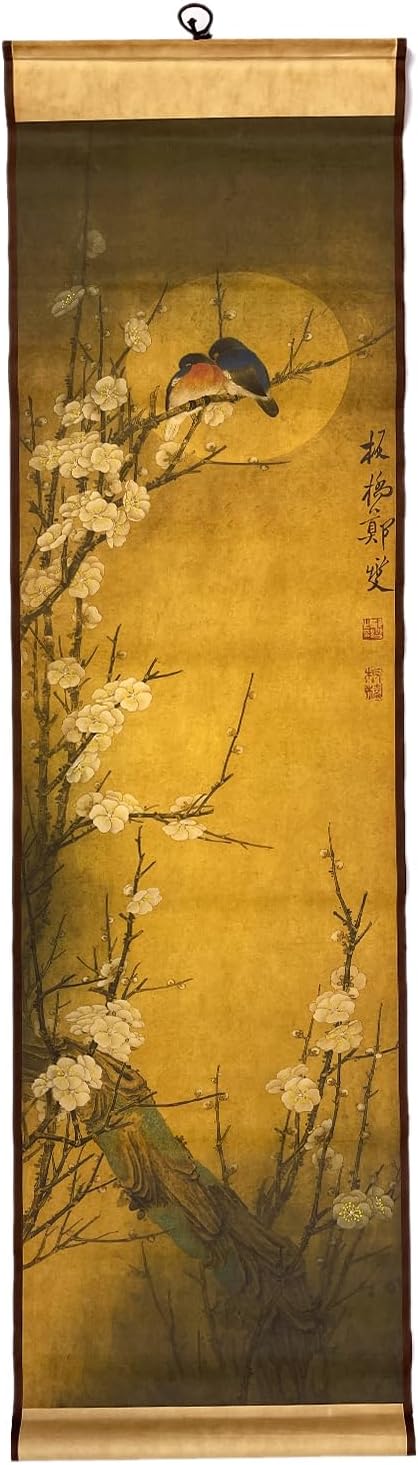 4-Piece Large Wall Scroll Hanging Painting Decor, Ancient Replica Vintage Flowers and Birds Paintings, Plum Orchid Bamboo Chrysanthemum Bird