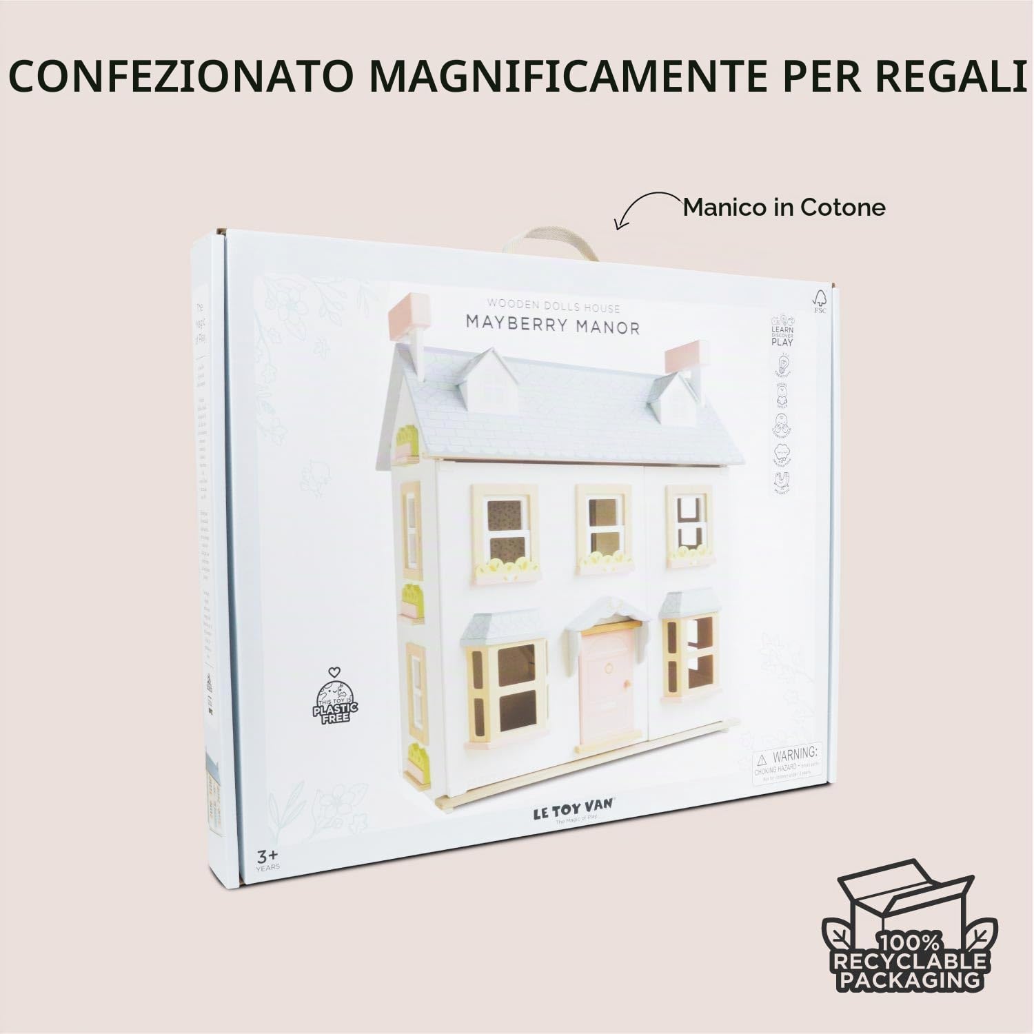 Le Toy Van Casa delle bambole Mayberry Manor in legno certificato FSC, 3 anni, per bambina, 2 piani, l 59 x p 35 x h 68 cm, con scala interna, finestre e porte apribili, gioco Montessori | Casa delle bambole in legno sostenibile, a partire dai 3 anni, leg