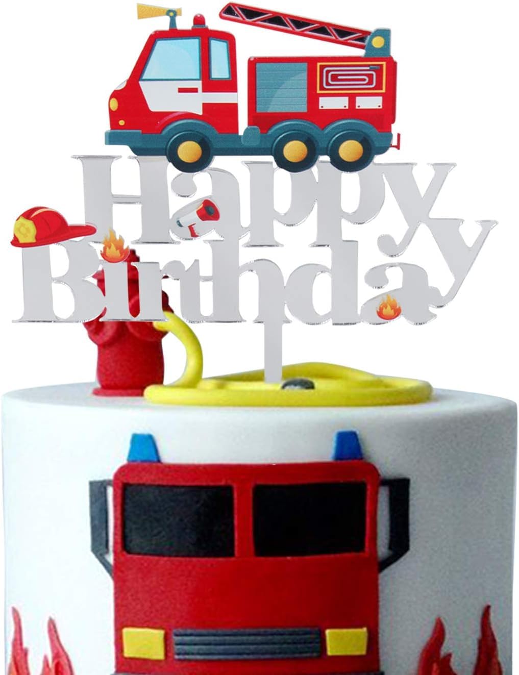 LECAKTOAcrylic Fire Truck Happy Birthday Cake Topper Fire Fireman Theme Birthday Party Decoration Suppliers,Baby Shower Birthday party Decorations.