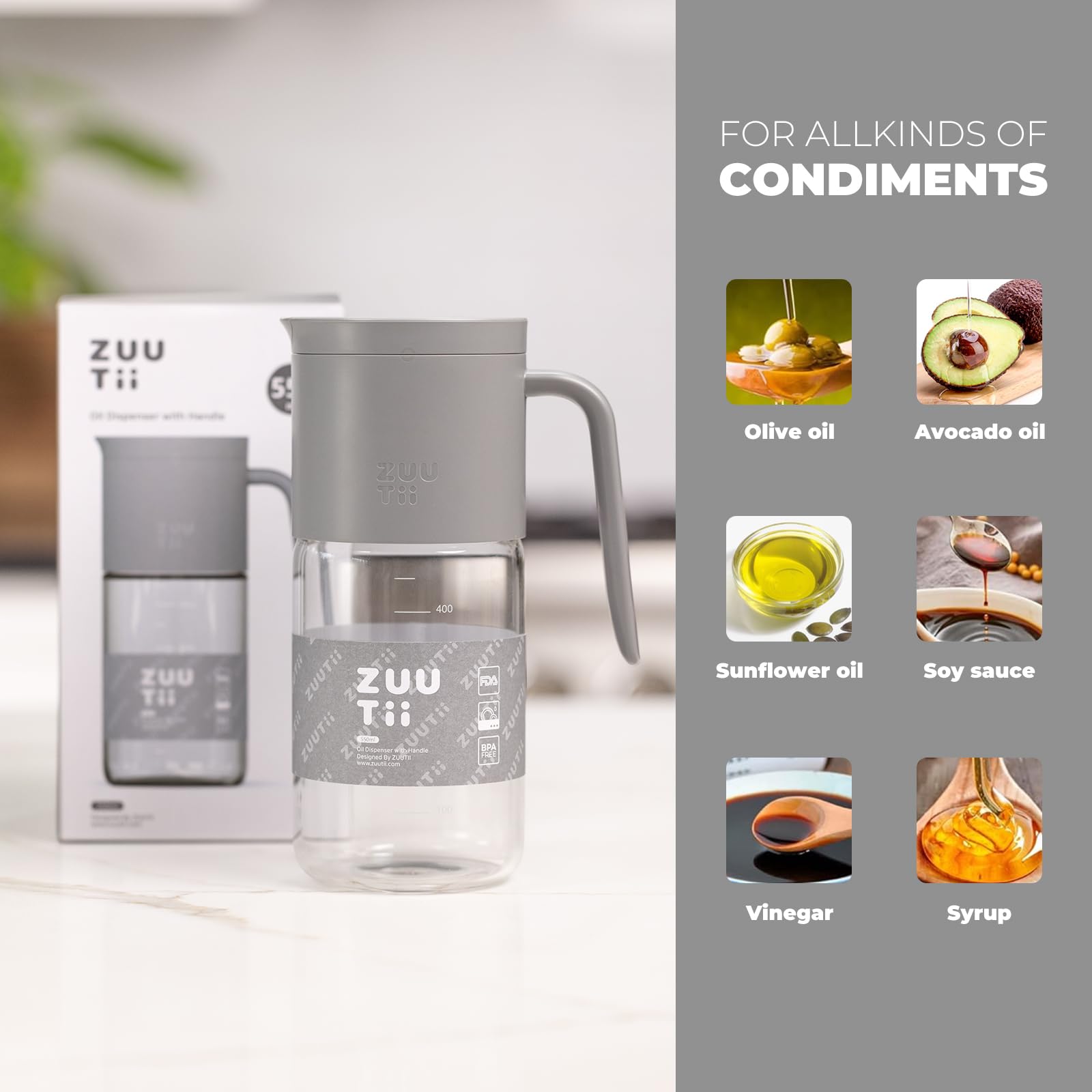 Zuutii Botella dispensadora de aceite de oliva de 18 onzas – Botella de vinagre de vidrio con boquilla antigoteo para cocina, dispensador de aceite y salsa, color gris