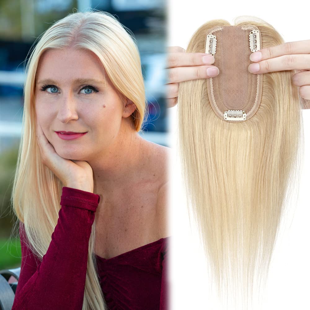 Platinum Blonde Human Hair Topper for Women Real Hair Clip-in Hairpiece Straight 12" Platinum Blonde Mono Human Hair Topper with main image 4