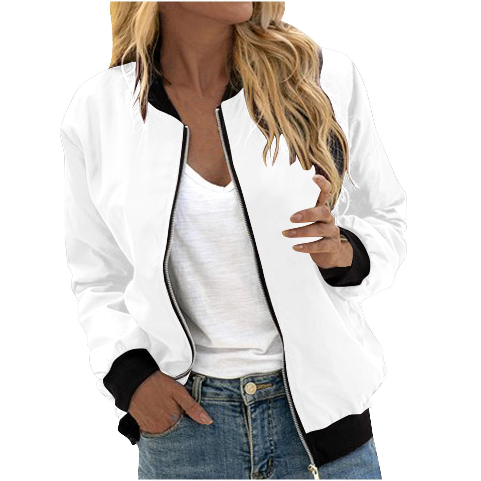 Ybing Women's #01 White Bomber Jacket Plain Transition Jacket Summer Blouson Zip Autumn Jacket Girls Summer Jacket Short Long Sleeve College Jacket Lightweight Pilot Jacket Aviator Jacket