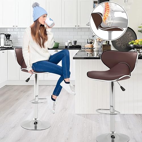 Miniatura 3 de Juego de 2 taburetes de bar, taburetes de bar con respaldo y reposapiés, sillas de bar giratorias ajustables de piel sintética, sillas de comedor,