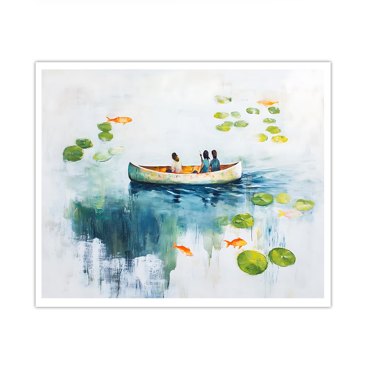 SHENGPOSTER Nordic Modern Canvas Wall Art Boat Lake Lotus Leaf Fish Scenery Artwork Canvas Poster Minimalist Nature Pictures for Dining Room Bedroom Frameless 40x50cm