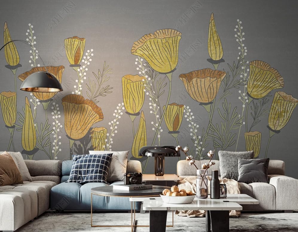 Tapisserie photo fleur jaune dessin main 300x210 cm au rendu artistique