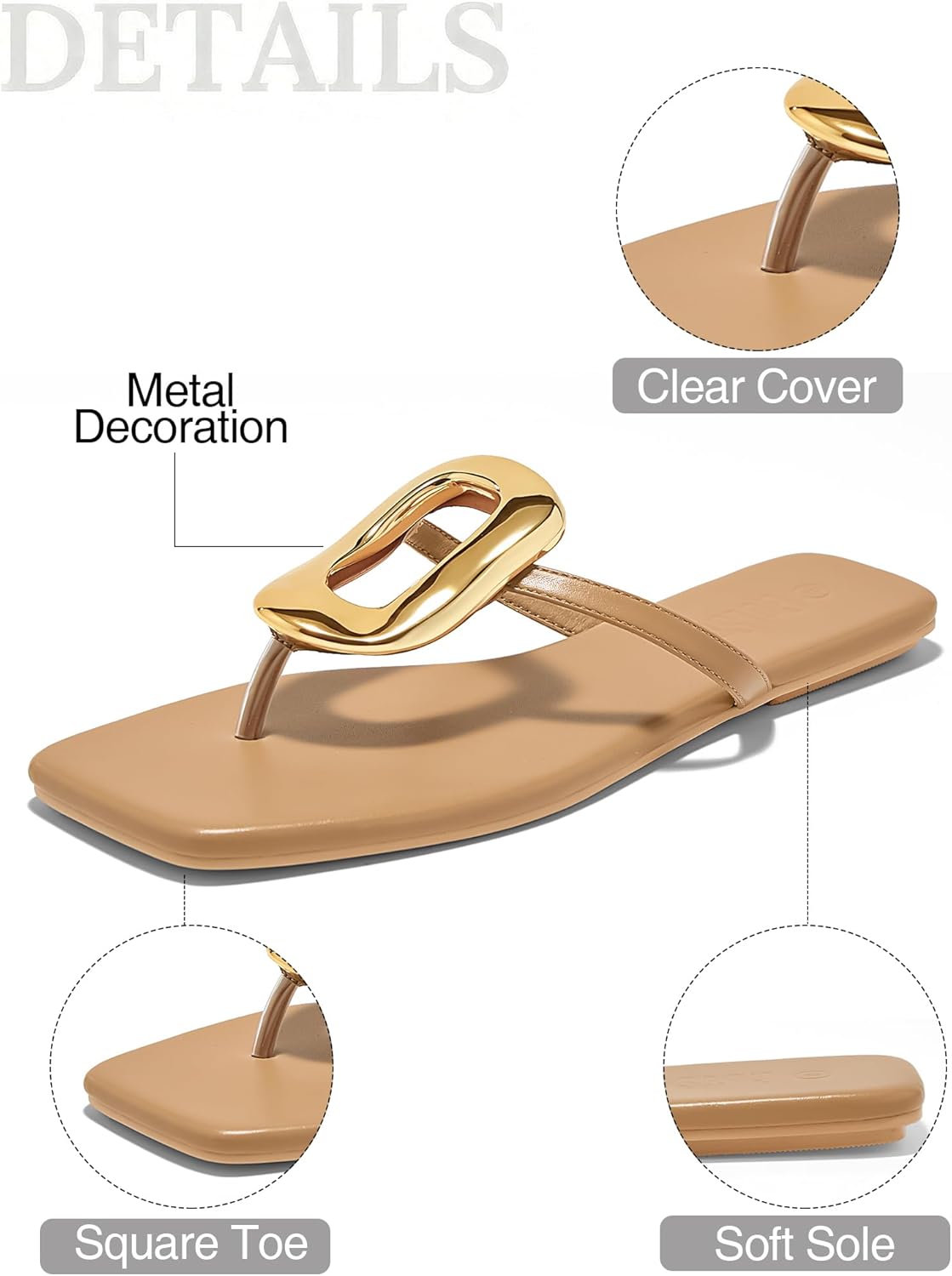 Women's Flat Sandals Summer Square Toe Flip Flops Comfortable Beach Flats Slip on Metal Decoration Slide Shoes