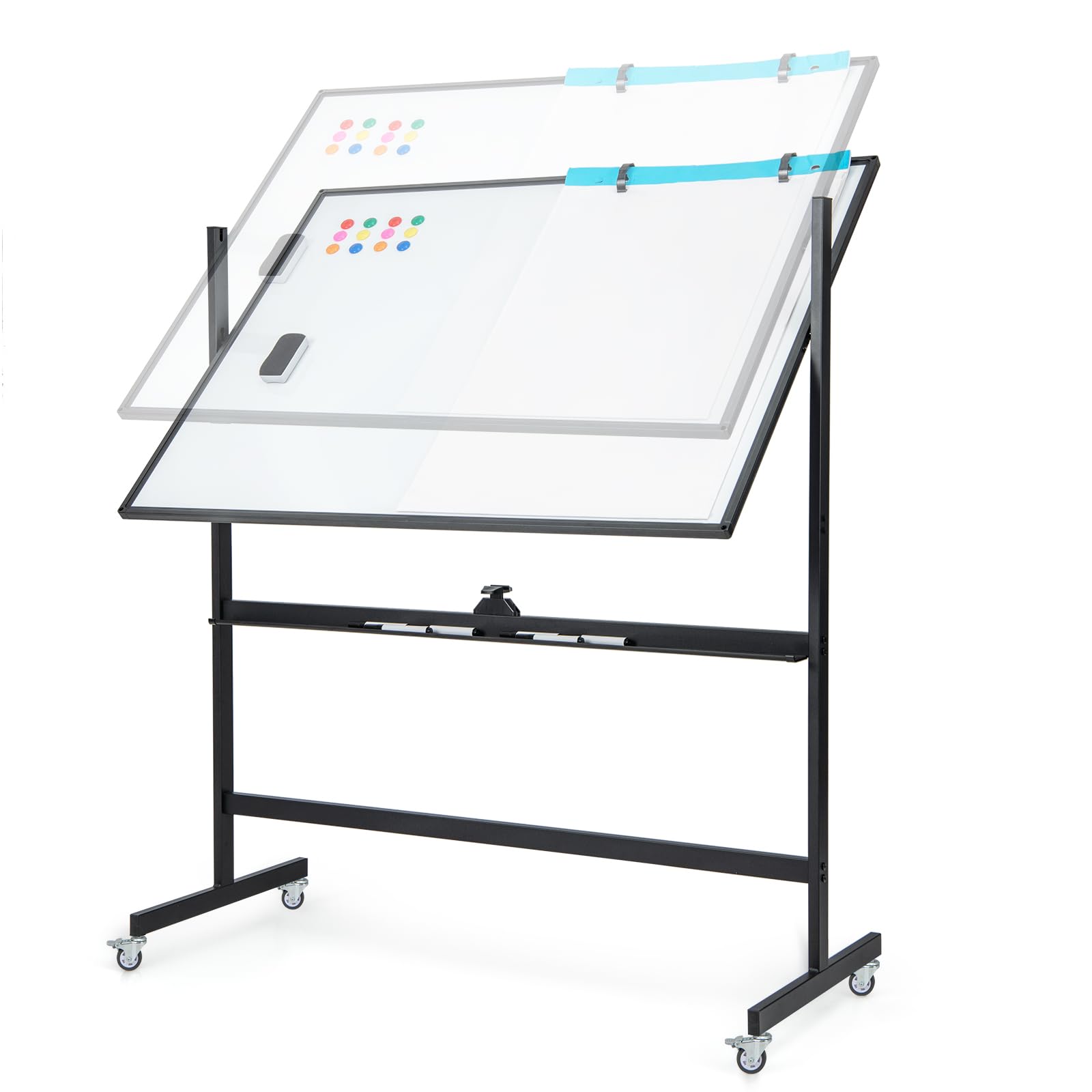 SFAREST Magnetic Whiteboard, Height Adjustable Reversible Dry Erase Board with Grid Pattern Board, Marker Tray, Double Sided Rolling Flipchart Board for Home Office School (Black, 120 x 90cm) — image 1