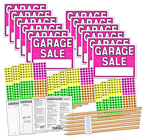 Garage Sale Sign Kit with Pricing Stickers and Wood Sign Stakes (A802G)