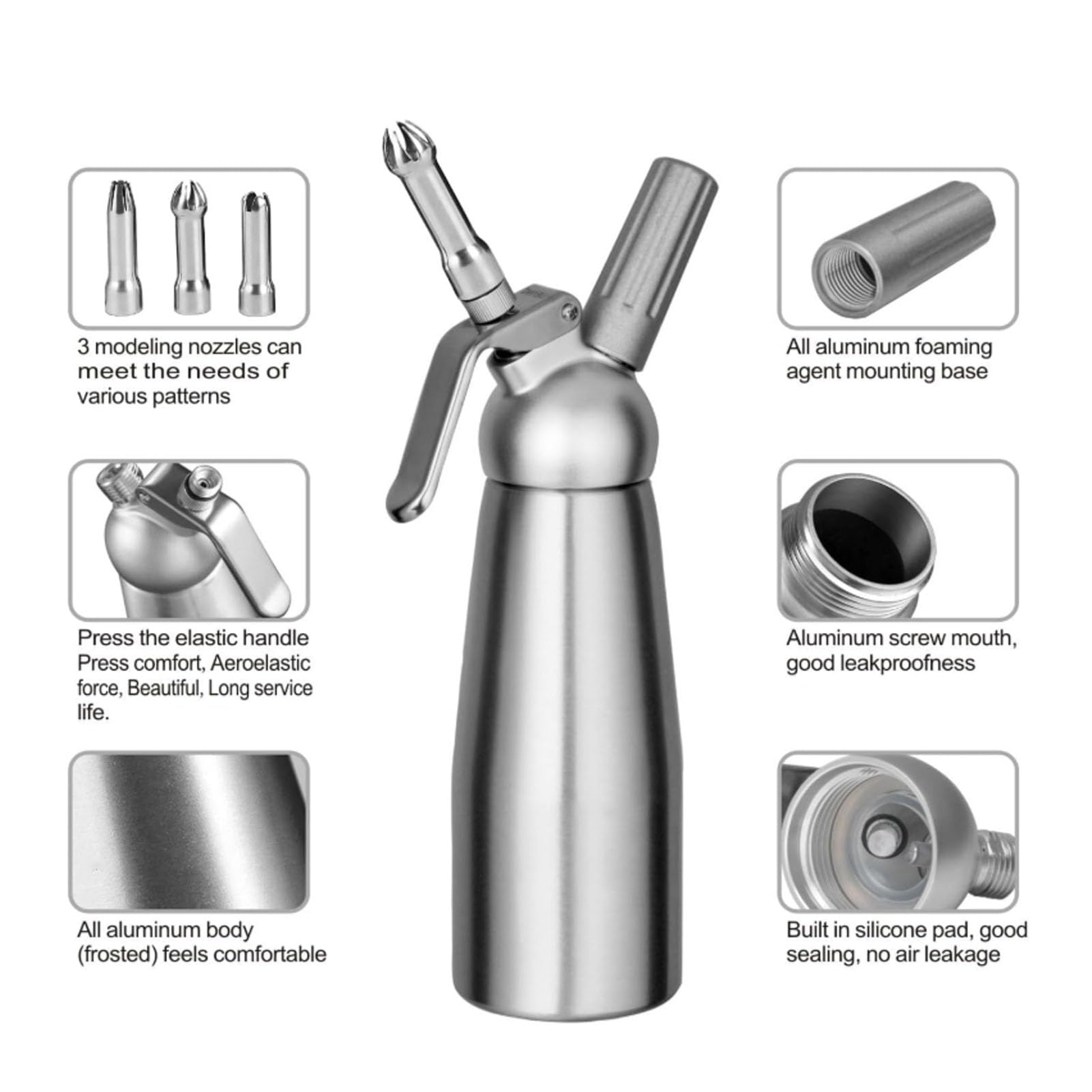 Fockety Sifone per panna montata, bomboletta professionale in alluminio 500 ml con 3 beccucci decorativi e spazzola per la pulizia, spruzzatore di panna per dessert