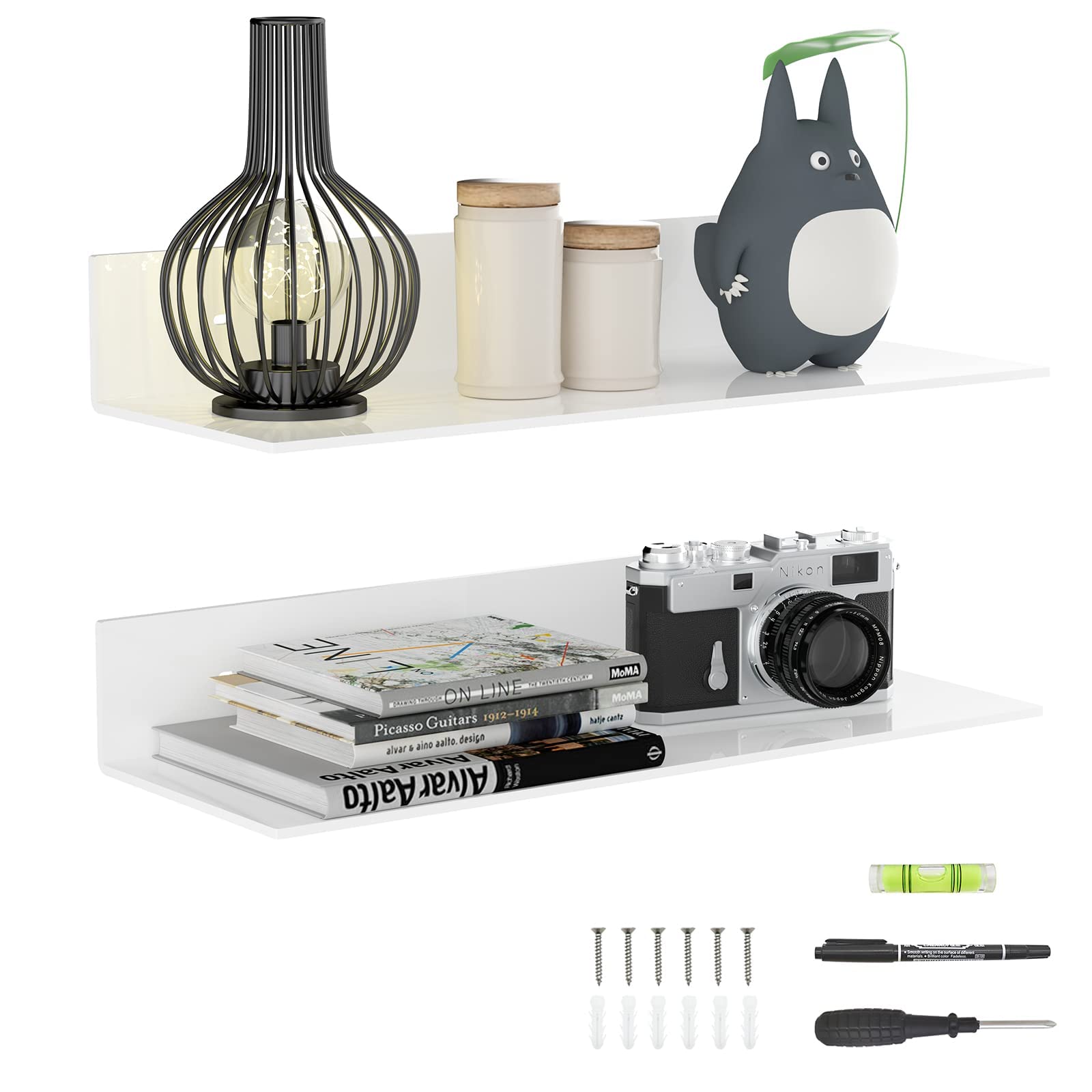 Sezanrpt 17 Inches Acrylic Wall Shelves 2 Pack, Floating Shelf for Wall Mounting, Acrylic Display Ledges for Funko Pop Figures, Home Décor, Living