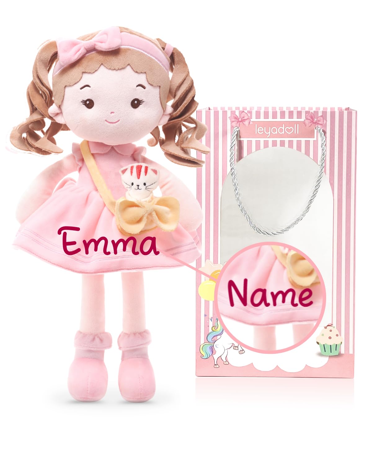 LeyaDoll Personalized Soft Baby Doll Toys (16''), My First Baby Rag Doll for 1 Year-Old Girl Birthday Gift, Christmas Plush Toys Gift for Toddler Kids Infants-Daydream-Mia-and-Her-Pet-Cat