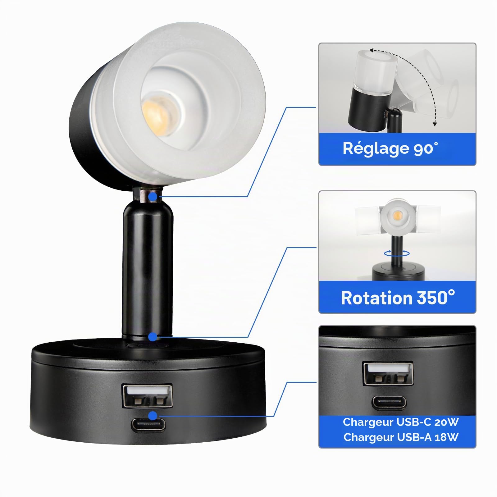 acegoo Lampe de Lecture LED 12V Camping-Car avec Chargeur USB Lit Murale Chevet Spot, Dimmable DC12-24V pour Bateau Cabine Camion Van Caravane Éclairage Intérieur, 3200K Noir
