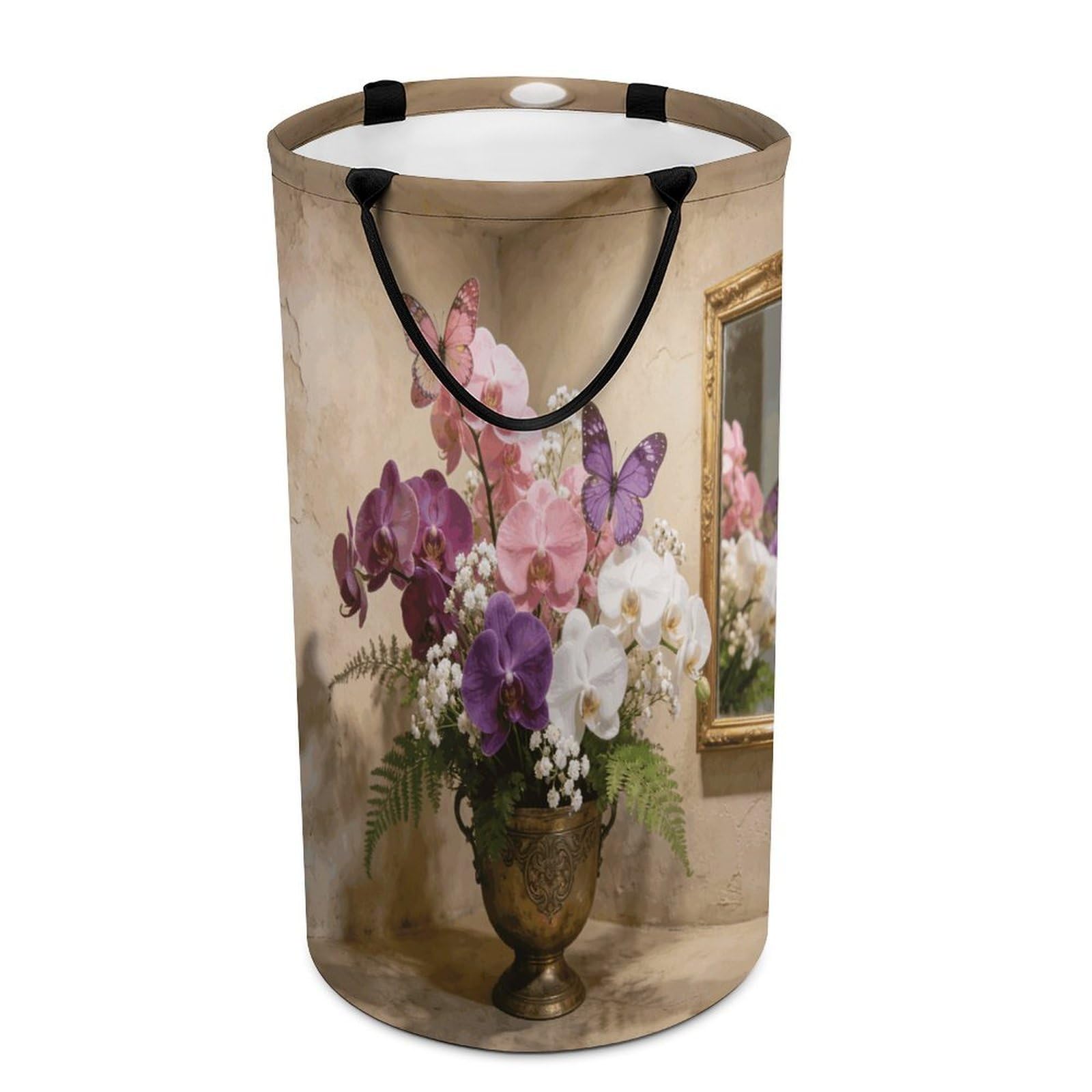 Aesthetic Butterfly Orchid Laundry Hamper Waterproof Polyester Laundry Baskets Collapsible Dirty Clothes Storage Basket Clothes Hampers with Sturdy Handles for Travel Bedroom