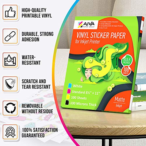 Papier autocollant vinyle imprimable jet d'encre blanc mat imperméable 100 feuilles format lettre