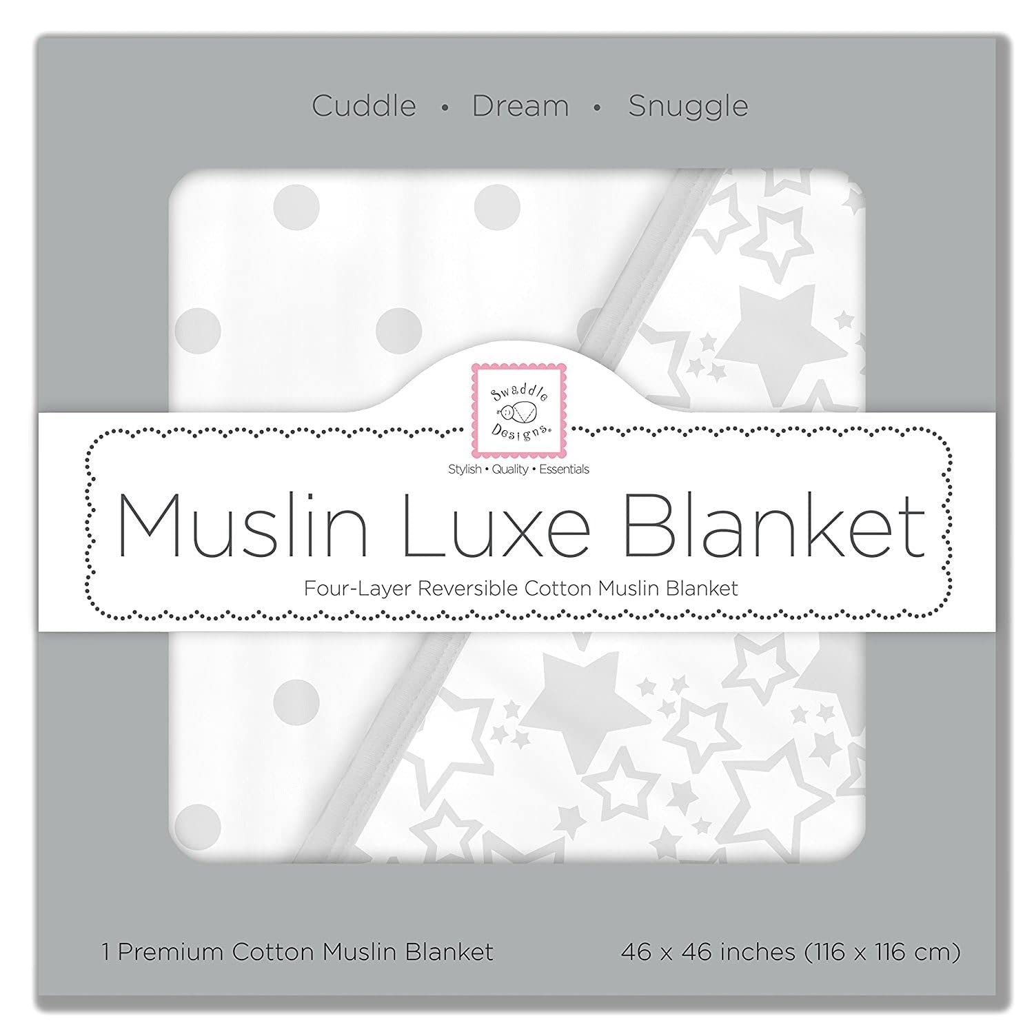 SwaddleDesigns 4-Layer Cotton Muslin Luxe Blanket, Baby and Toddler Cuddle and Dream, 46x46 inches, Sterling Starshine and Dots