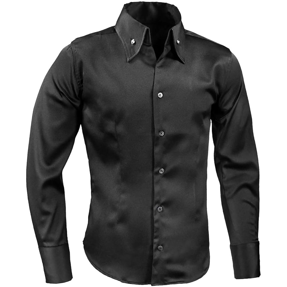 【美品 日本製 社交ダンス衣装】ブラック 白樺ドレス シャツ メンズ 男性用 黒 Amazon.co.jp: BlackVaria サテンシャツ ドレスシャツ
