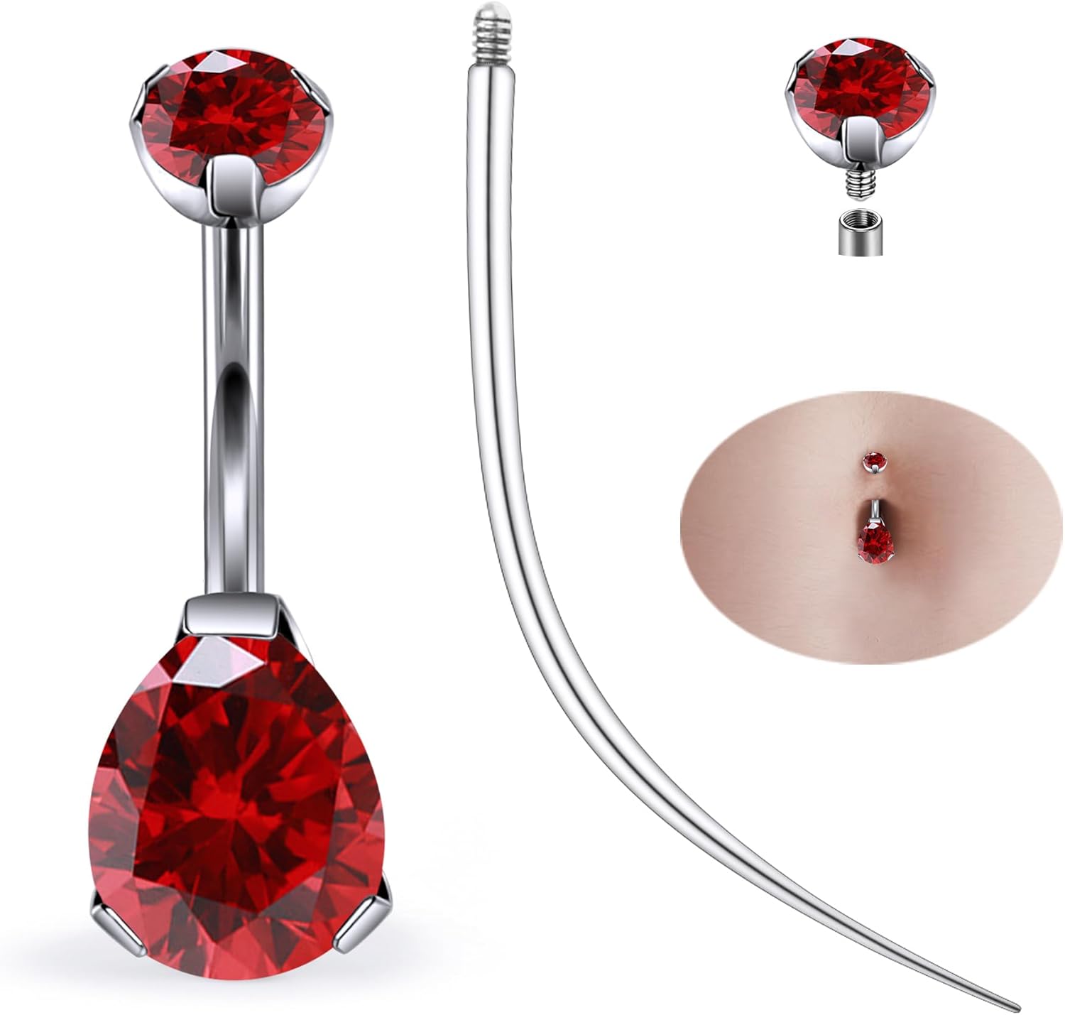 Ruifan ASTM F136 Titanium Belly Button Rings 14G CZ Drop Belly Navel Rings 10mm Bar Body Piercing Jewelry Navel Ring With 1PCS Curved Piercing Taper