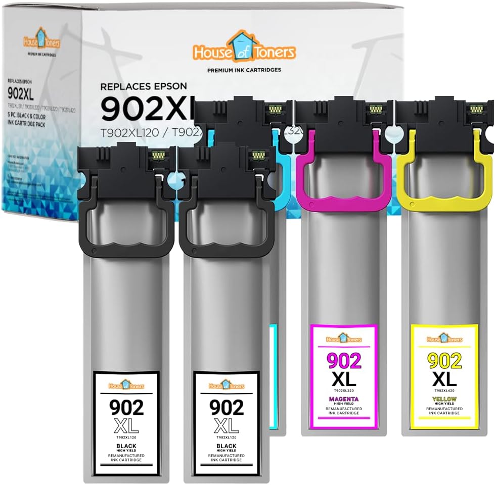 Houseoftoners Remanufactured 5-Pack Ink Cartridge Replacement for Epson T902XL Black Cyan Magenta Yellow WF-C5210 WF-C5290 WF-C5710 WF-C5790 (2-Black, 1-Cyan, 1-Magenta, 1-Yellow)
