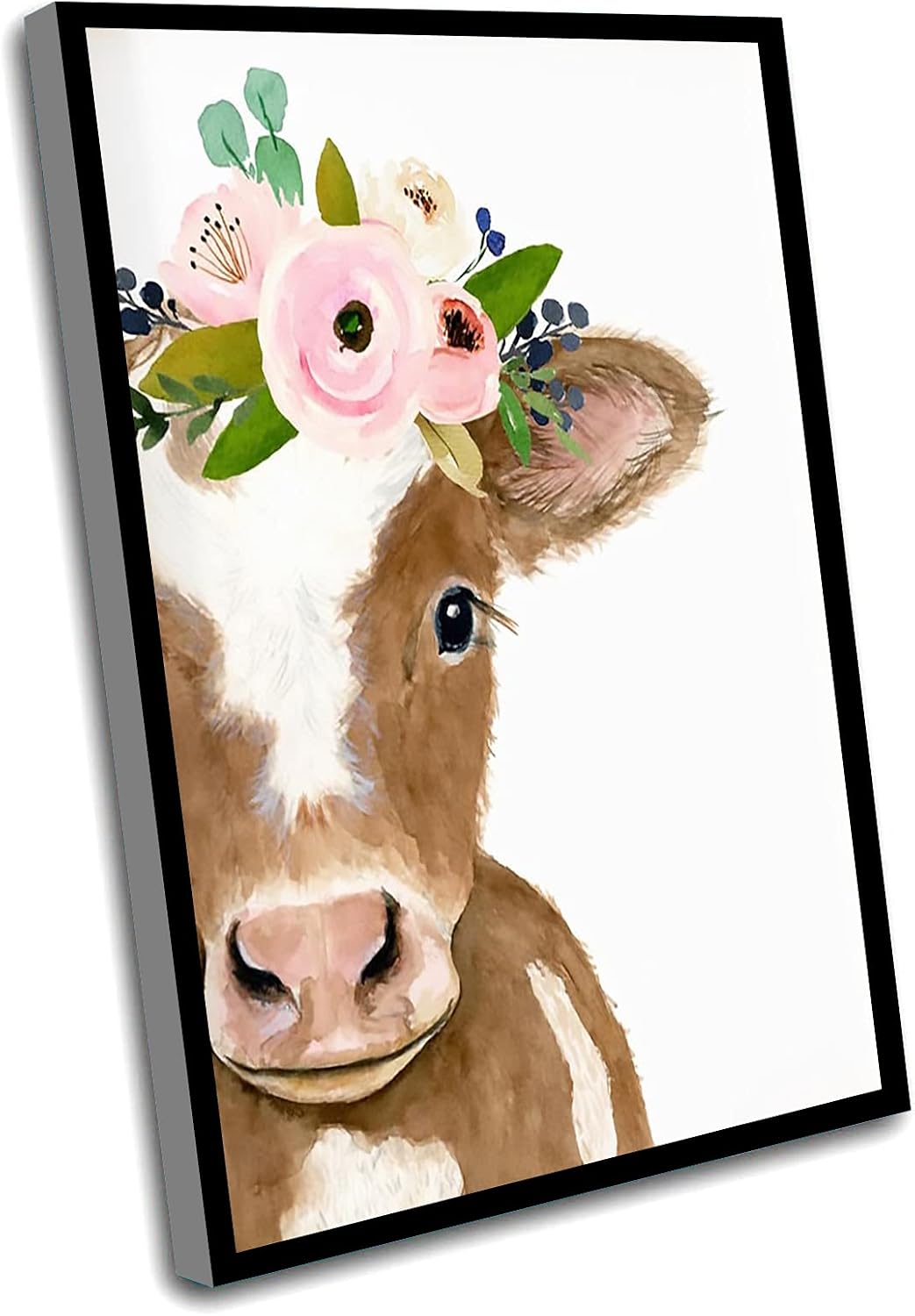 Boys Room Decor,Nursery Room Decoration,Cow Painting Nursery Print Cow Decor Flower Crowned Brown Calf Farm Nursery Decor Nursery Prints,Nursery Animal Print Farmhouse Decor,16x24 Inch Framed Wall Art