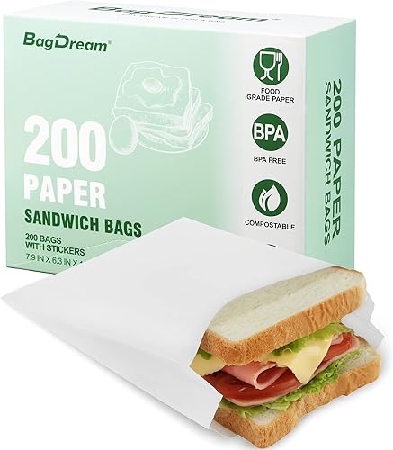 Miniatura 1 de BagDream Bolsas de papel para sándwich de 7.9 x 6.3 x 1.96 pulgadas, 200 unidades, bolsas de papel para sándwich de cocina, sellables con
