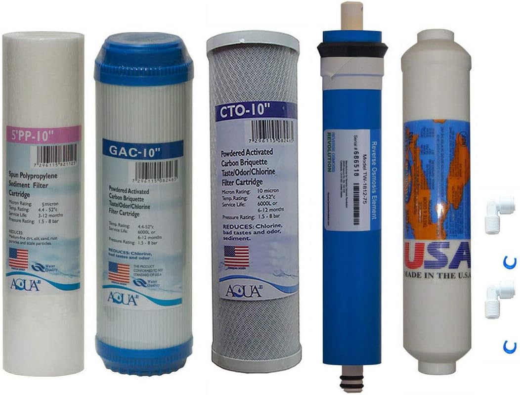 5 stage Reverse Osmosis Replacement Filter set with 75 GPD membrane, inline carbon postfilrer (USA made) and QC fitting