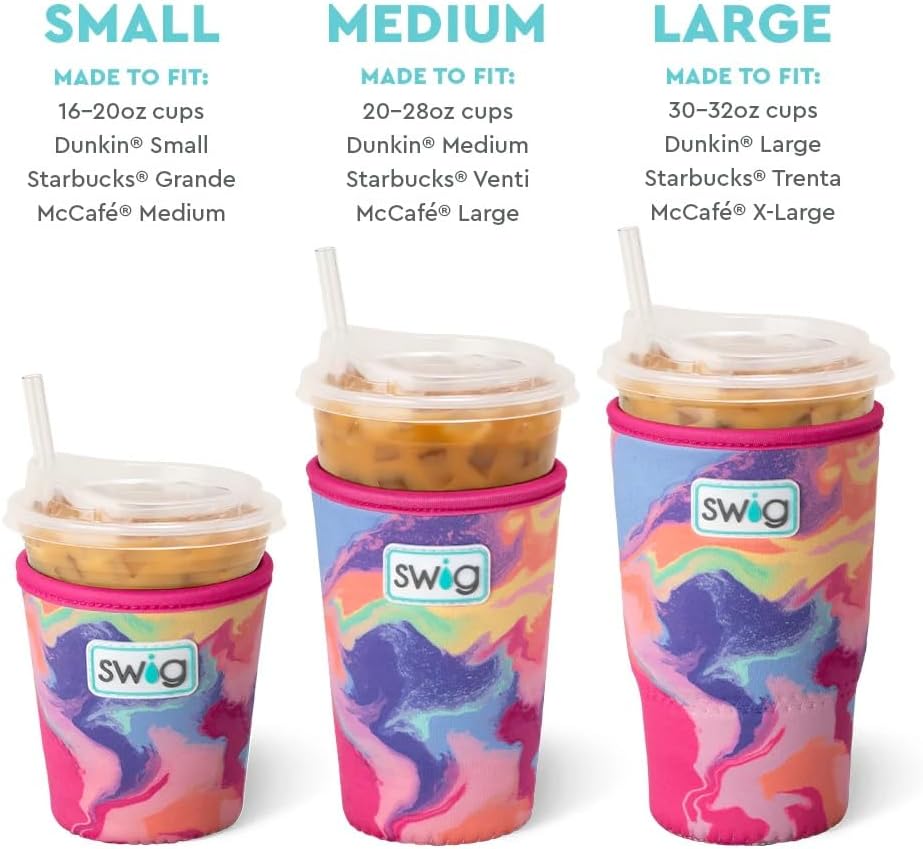 Swig Life Large Iced Cup Coolie, 30-32oz Iced Coffee Cup Insulator Sleeve with Handle, Neoprene Insulated Coolie Keeps Drinks Cold (Candy Crush)