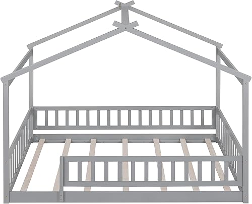 Miniatura 5 de Harper &amp; Bright Designs Cama de casa de tamaño matrimonial para niños, cama Montessori con rieles en forma de valla, marco de cama de tienda de