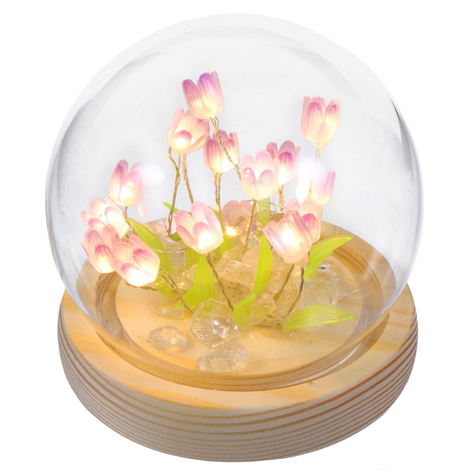 Housoutil Night Light and Plastic Materials Wood with Glass DIY Tulip Bedside Table Lamp with Artificial Tulips and Crystal for Bedroom Decorative Effect and Comfortable Atmosphere