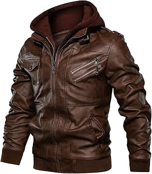RENHE Mens Leather Jacket, Motorcycle Jacket, Leather Hoodie, Long Sleeve, Cold Protection, Windproof, Outer Coat, PU Leather Jacket, Waterproof, Faux Leather, Hooded, For Spring, Autumn and Winter