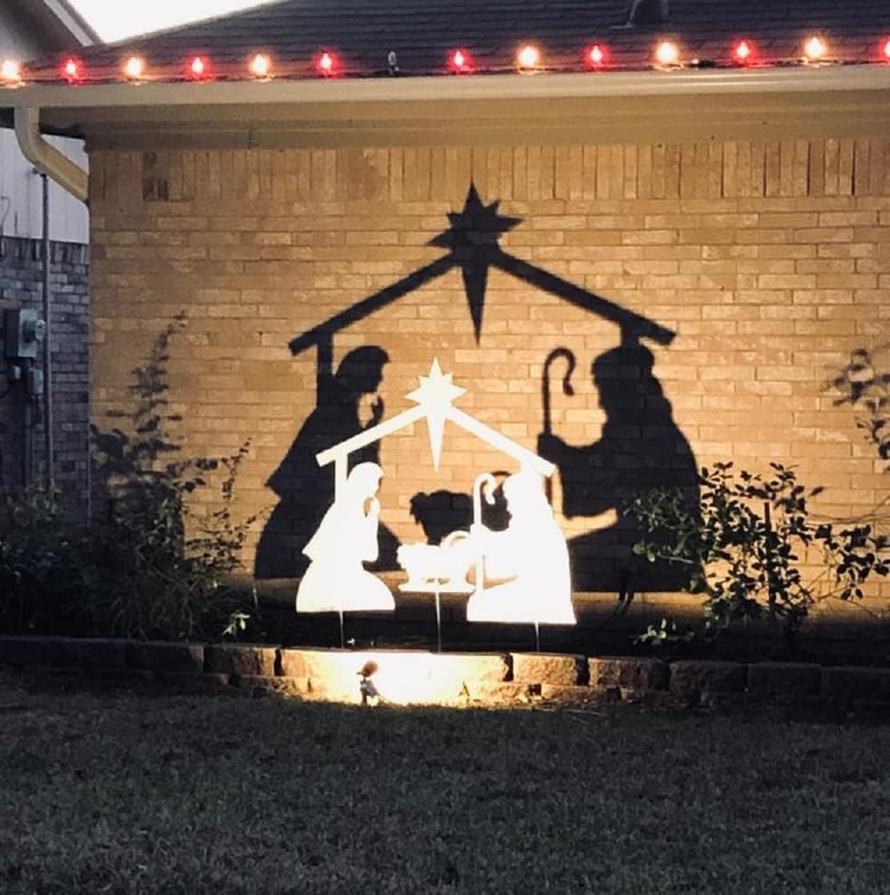 Large Christmas Nativity with Manger White Metal Shadow Stakes 4-1/2 Ft Long