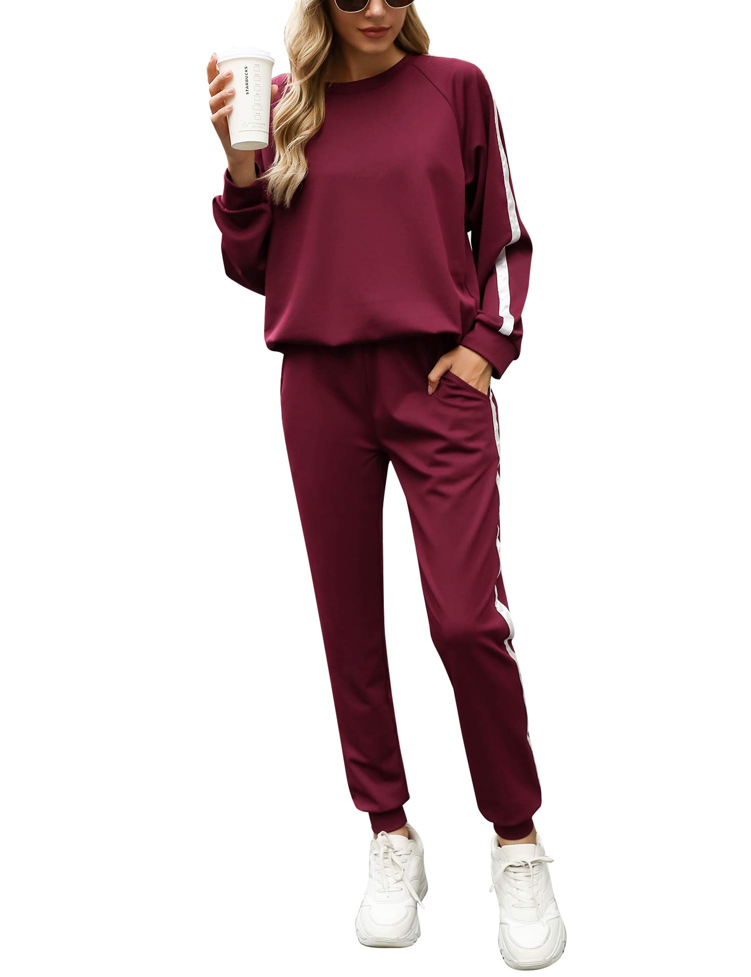 Irevial Damen Irevial Damen Jogginganzug Trainingsanzug Set Freizeitanzug Sportanzug mit Streifen Taschen Fitnessanzug Sportbekleidung