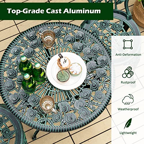 Giantex 3 Piece Bistro Set Cast Aluminum Rose Design Antique Outdoor Patio Furniture Weather Resistant Garden Round Table And Chairs W/Umbrella Hole (Rose Design) #TOP7