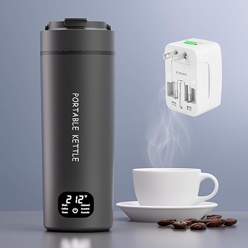 Hervidor eléctrico portátil de doble voltaje, agua caliente de viaje para té, café, 6 controles de temperatura y pantalla LCD, acero inoxidable 316
