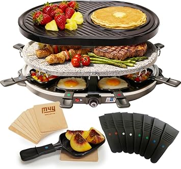 M4Y Electric Raclette Luxury Stone Grill Plus Extra Non-Stick Crepe Top Attachment + A Set of 8 Wooden Coasters, 8 Colour Coded Fondue Cheese Non stick Pans and 8 X Spatulas, 1200W Thermostat Control