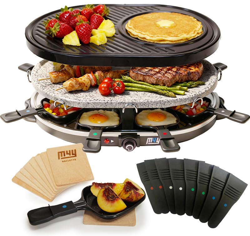 M4Y Electric Raclette Luxury Stone Grill Plus Extra Non-Stick Crepe Top Attachment + A Set of 8 Wooden Coasters 8 Colour Coded Fondue Cheese Non stick Pans and 8 X Spatulas 1200W Thermostat Control