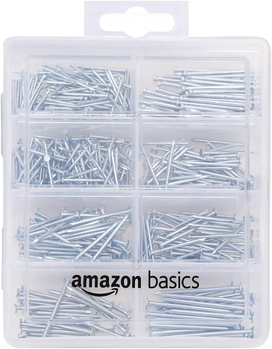 Amazon Basics Hardware Nail Assortment Kit - Includes Finish, Wire, Common, Brad and Picture Hanging Nails, 550-Piece