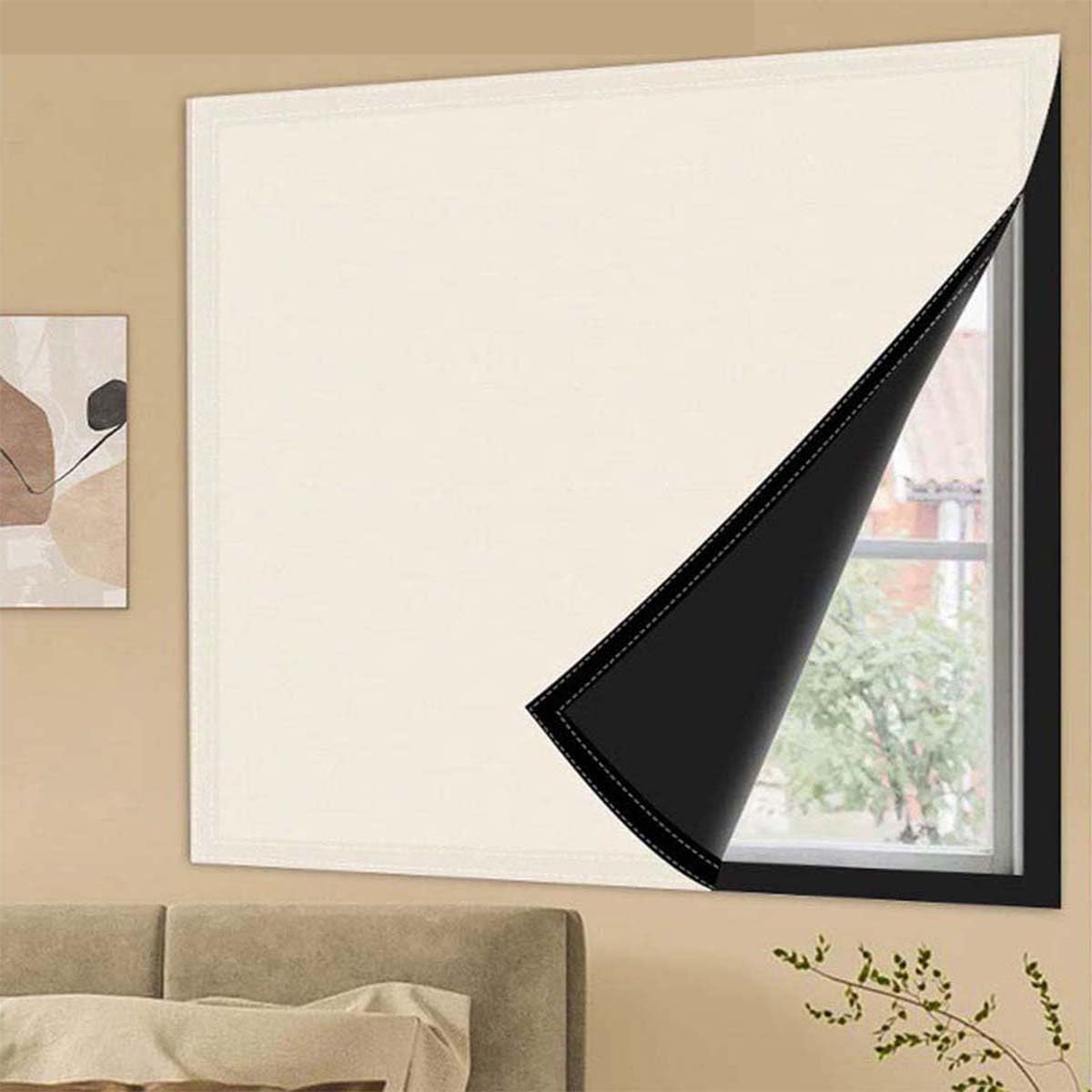 Blackout Curtains with All Around Self Adhesive, Summer Thermal Insulation Polyester Fabric Stick On No Drill Shades Portable Window Cover Blinds for Bedroom Nursery (110x150cm,Beige)