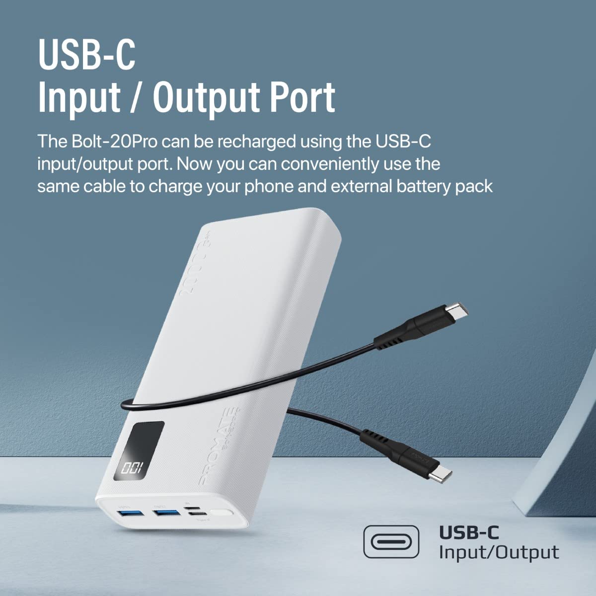 Zewnętrzna bateria Bolt-20Pro Powerbank Ultra-Slim 20000mAh 3-w-1 Dwa porty USB-A Port USB-C 10 W Inteligentny wyświetlacz LED Wielofunkcyjna ochrona Biały
