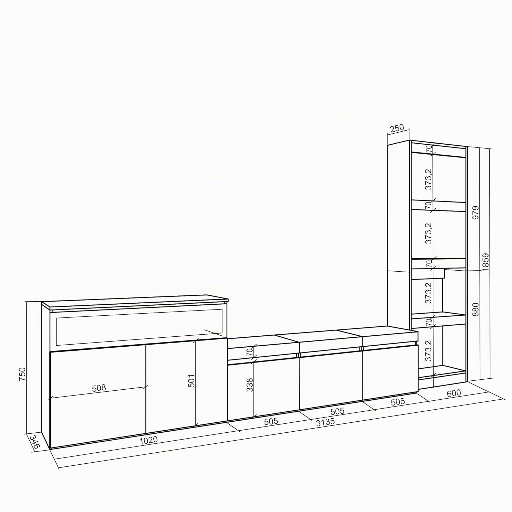Skraut Home | Mobile Soggiorno TV | Parete Attrezzata Soggiorno | 310x186x35cm | Per TV fino a 65" | Camino elettrico | Stile moderno | Cemento