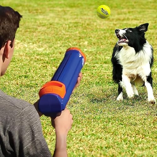 Nerf Dog Tennis Ball Blaster Dog Toy Gift Set, Tennis Ball Dog Fetch Toy Launches up to 50 ft, Dog Ball Thrower for All Breeds Includes Translucent Blue Tennis Ball Launcher and 3 Dog Tennis Balls