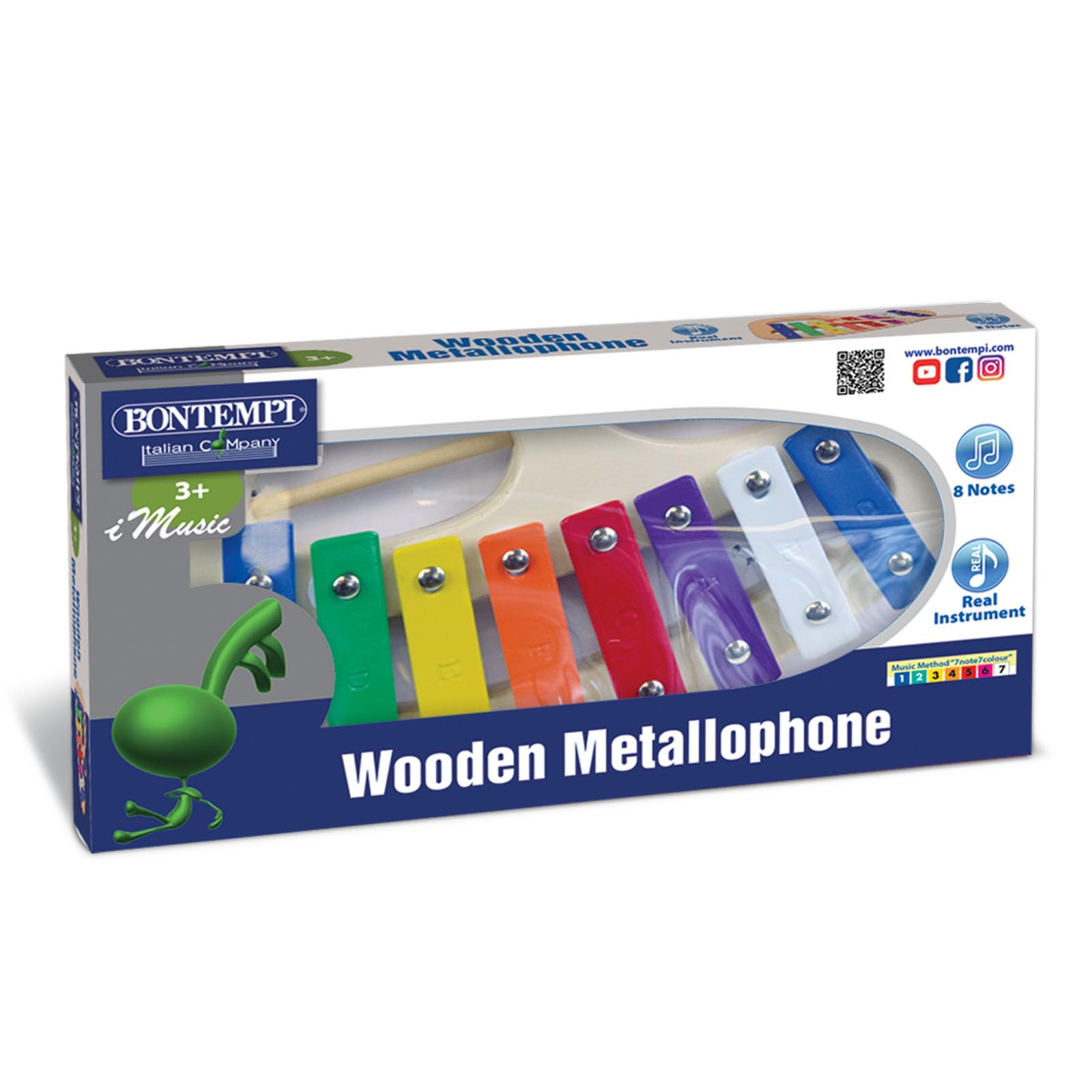 Xylophone Enfant BONTEMPI – 8 Lames Métal, Corps Bois, 1 Maillet, Méthode 7 Notes 7 Couleurs, 315x30x155 Mm