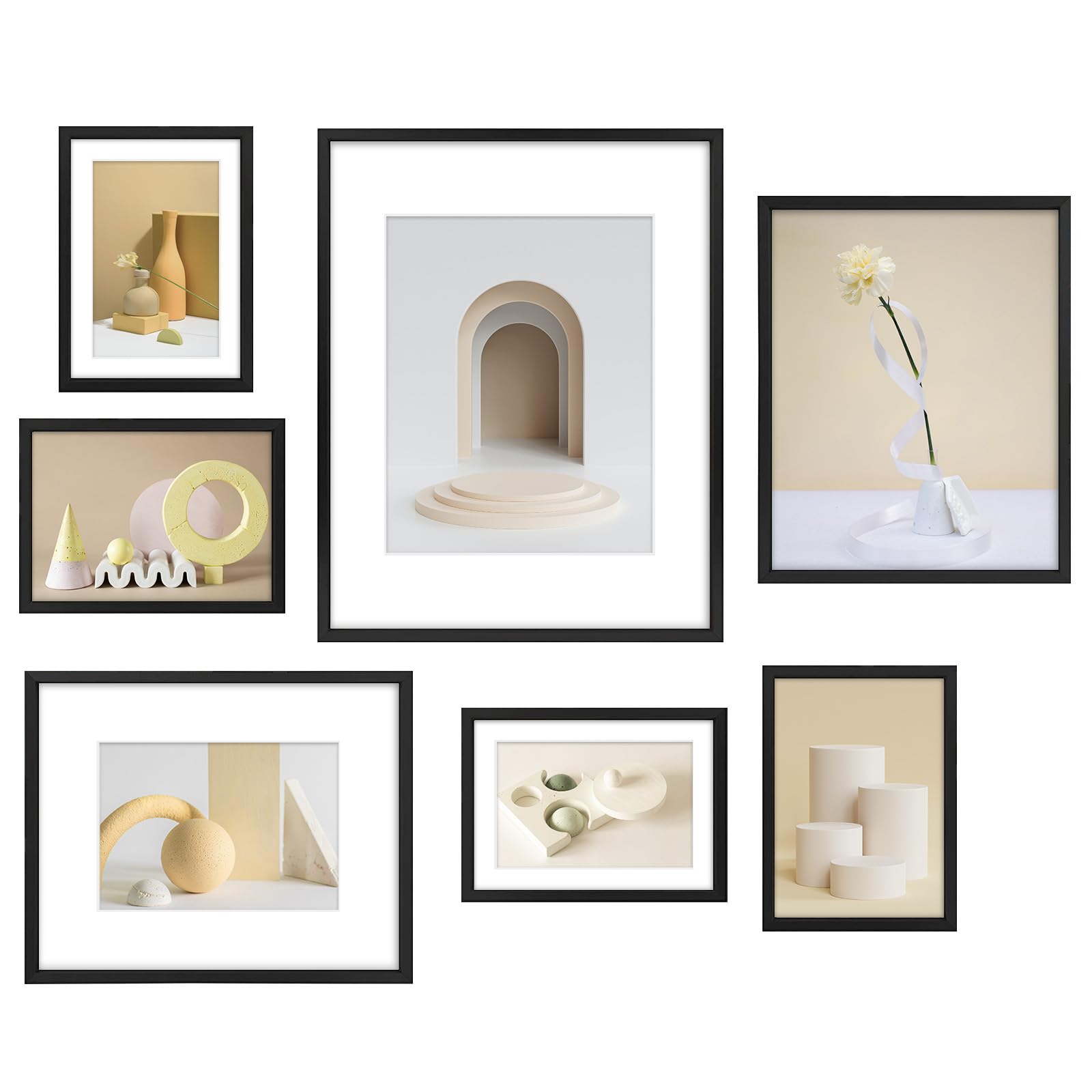 Frametory, set di 7 cornici in alluminio – Kit da parete nero – Visualizza una foto da 11 x 14, due 8 x 10 e quattro foto da 12,7 x 17,8 cm per la decorazione della casa