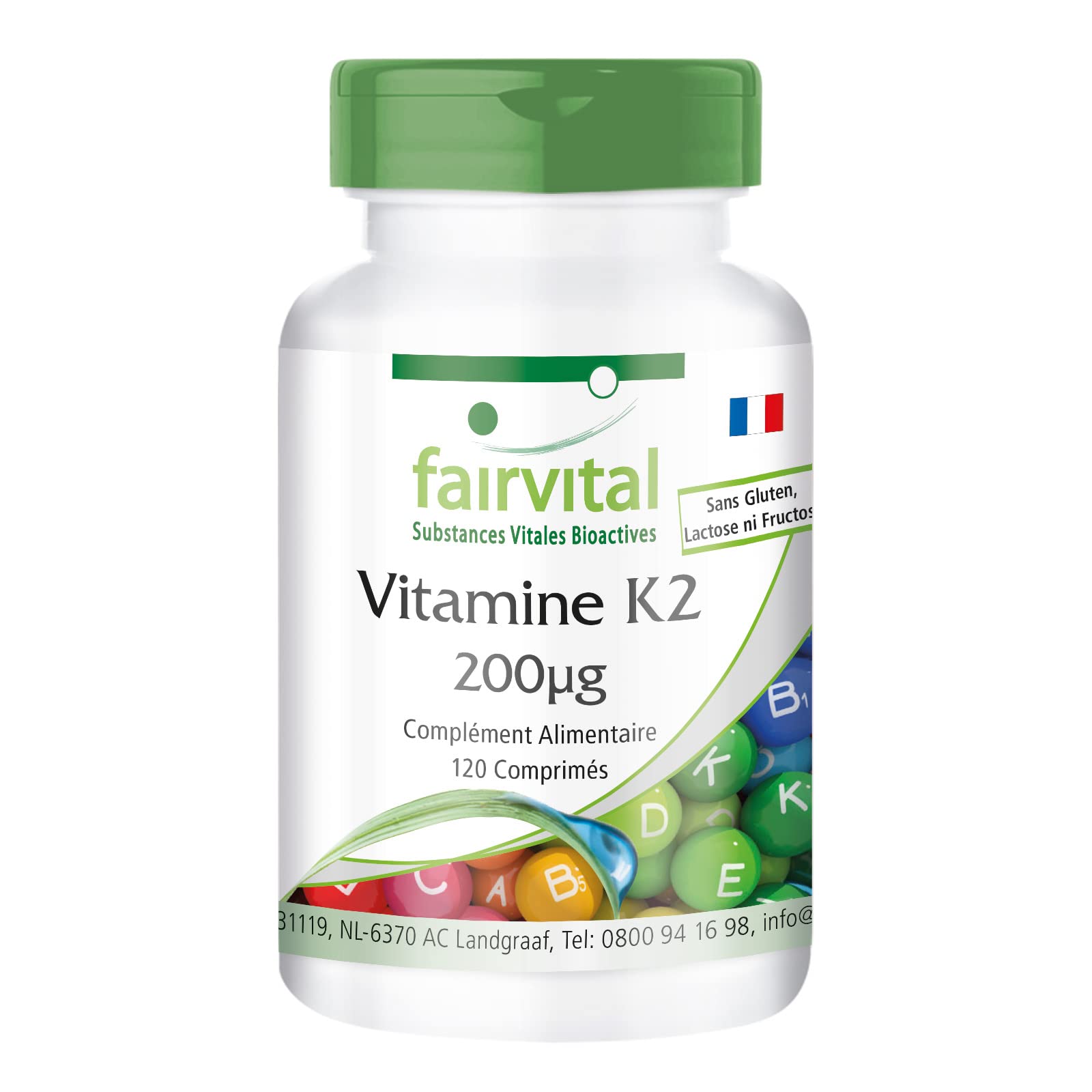 fairvital Vitamine K2 MK-7 200µg, 120 comprimés, faciles à avaler, HAUTEMENT DOSÉE, ménaquinone MK-7, naturelle et fermentée à partir de natto, VÉGÉTALIENNE