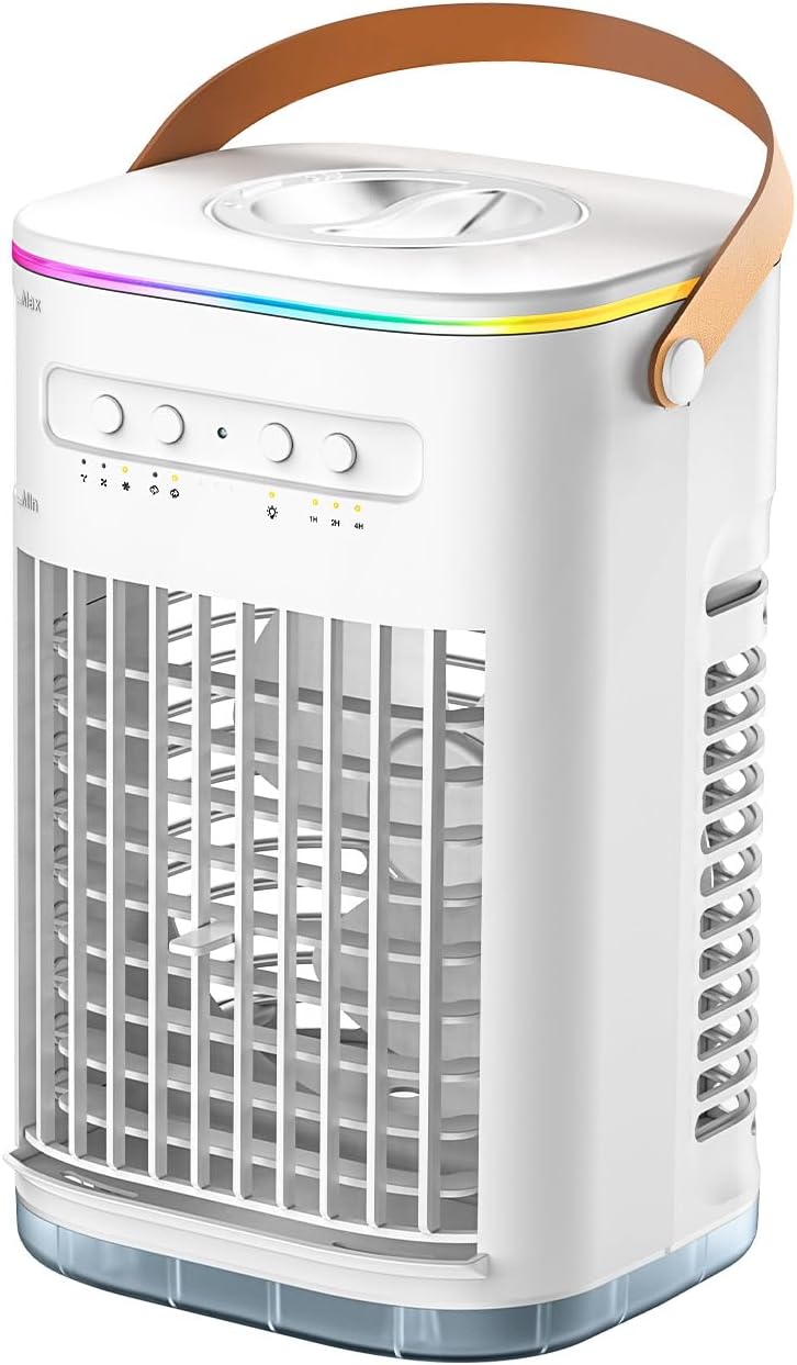 4-IN-1 Small Air Conditioner w/ 2Ice Packs, 16.5ft Remote, 1200ML Tank, 7H Smart Timer, 3Speed & 2Cool Mist Up to 100Sq.ft Personal Air Conditioner, 7Color Light Portable AC Unit for Bedrooms