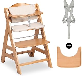 hauck Beta+, Natural - Wooden High Chair Set from 6 Months to 90 kg - with Wheels, Seat Cushion, Wooden Tray & Bumper Bar, 5 Point Harness & Crotch Strap - Made from FSC Certified Beechwood