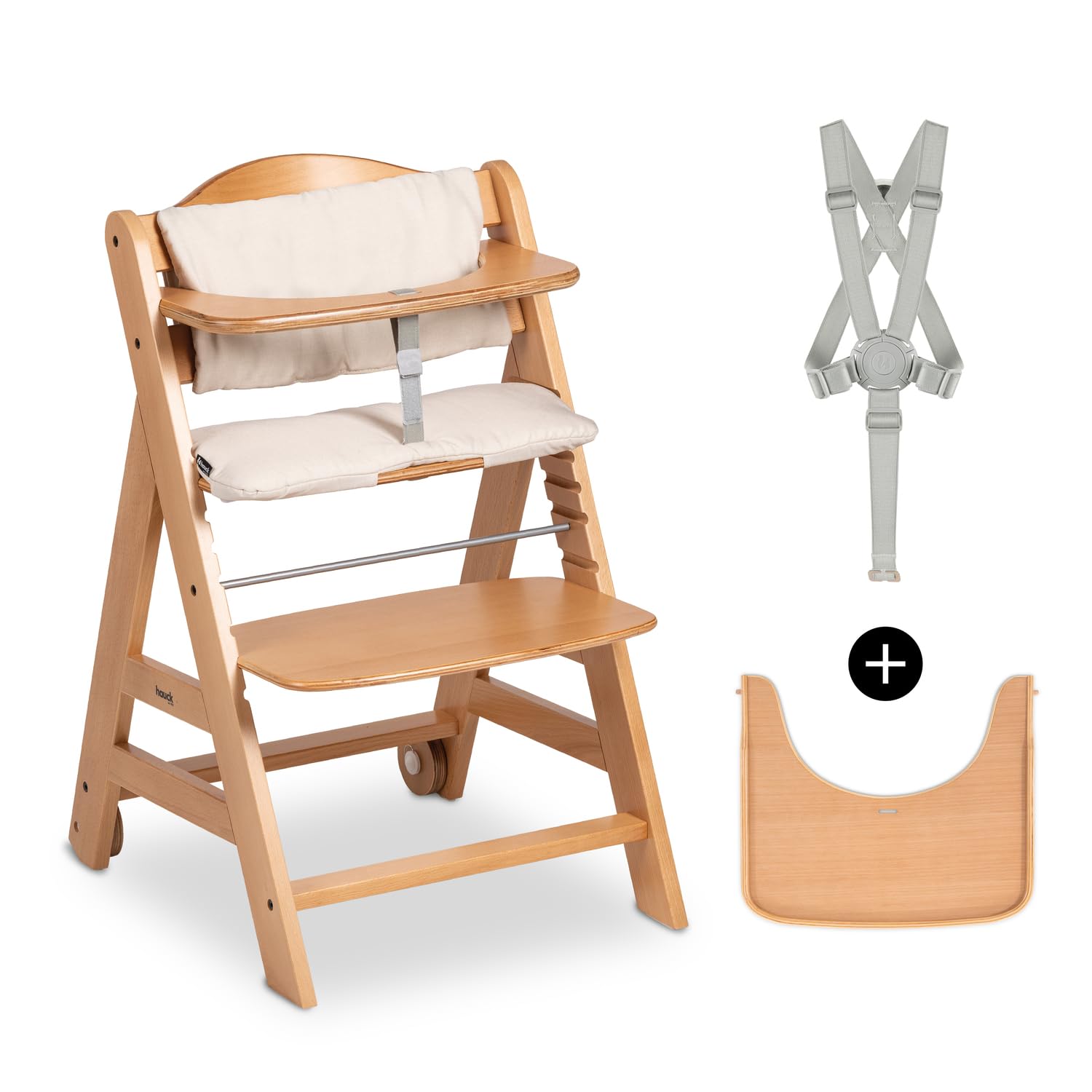 hauck Beta+, Naturale - Kit Seggiolone Pappa con Ruote, Vassoio, Barra Protettiva, Cuscino di Seduta, Cintura a 5 Punti e Cinturina Inguinale - per Bambini 6 Mesi fino a 90 kg - Legno di Faggio