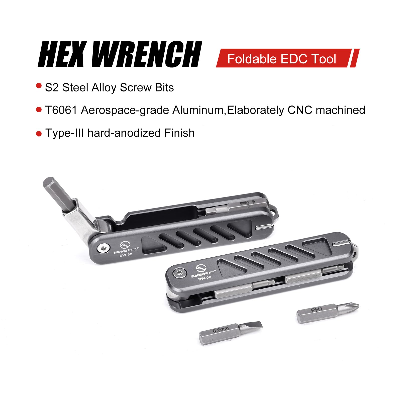 SUNWAYFOTO DW-02+ Foldable Tool Set including Allen Key Stainless Steel 2.5/3/4/5 mm, Phillips and Flat Head - Image 2
