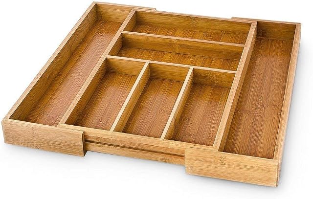 Relaxdays Bamboo Kitchen Drawer Organiser, Adjustable Width, Cutlery Tray, 30 to 48 cm, 5 to 7 Compartments, Brown