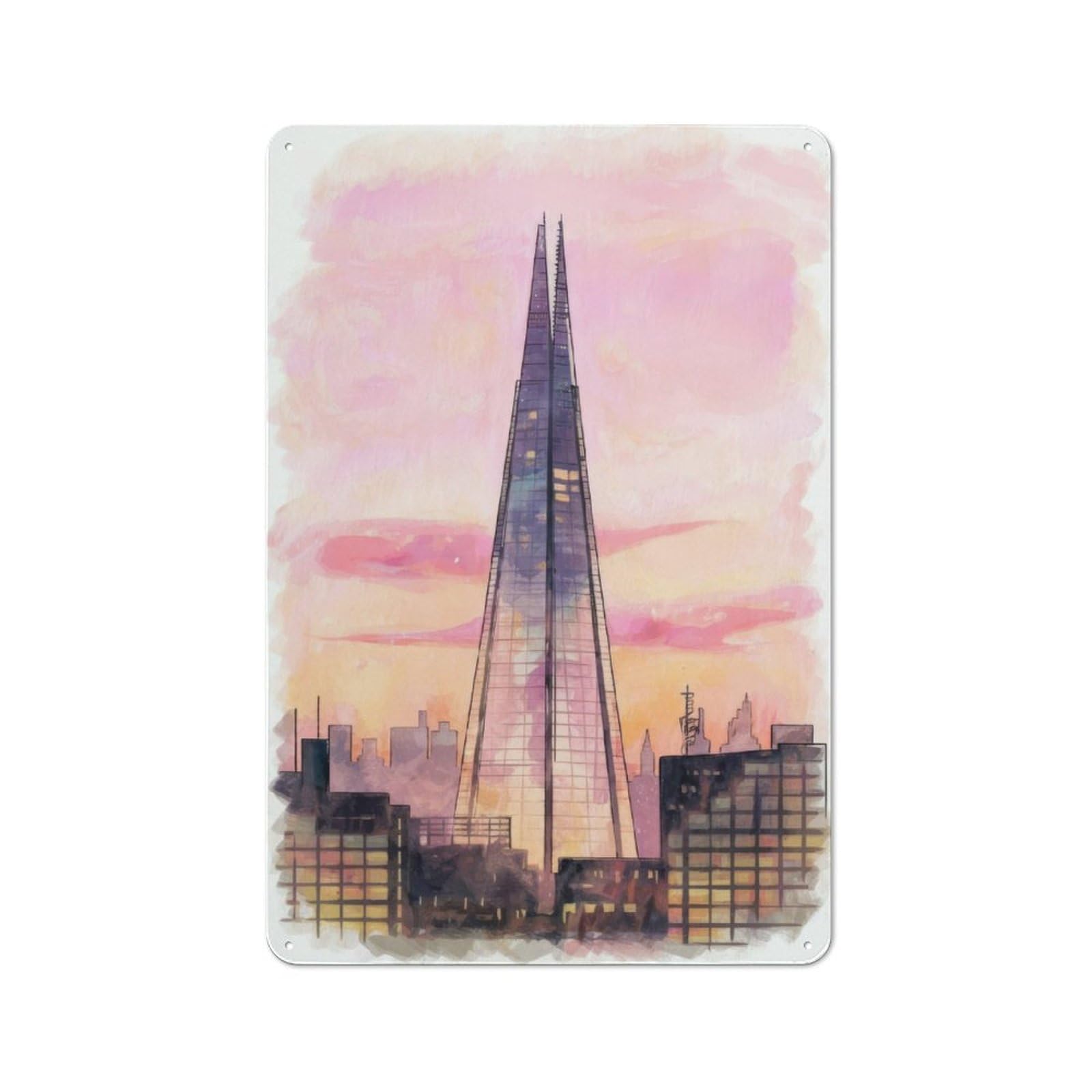 Nostalgic London Shard Watercolor Metal Wall Sign 30x20cm, Bar Wall Plaque for Pub, Home Bar, Shed Or Man Cave